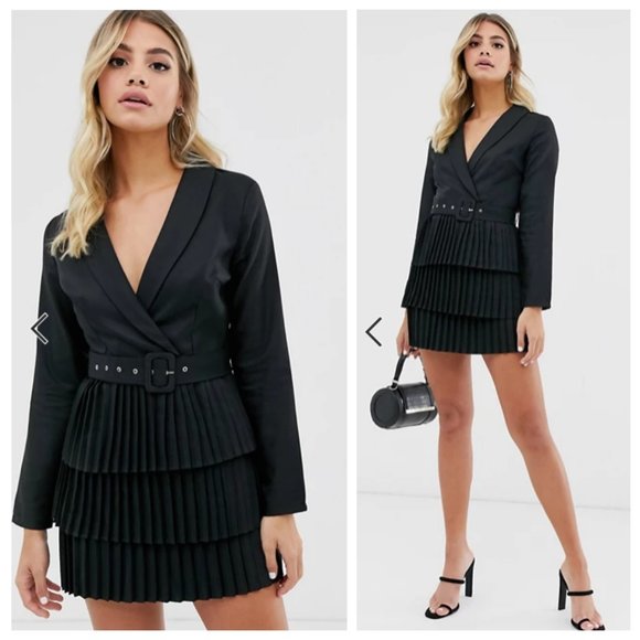 NWT ASOS Black Blazer Plunge Pleated Dress